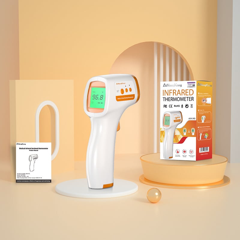 Безконтактен инфрачервен термометър за чело, модел Ank-M9 – бързи измервания, триецветна подсветка, точни резултати, аларма за висока температура, подходящ за деца и възрастни