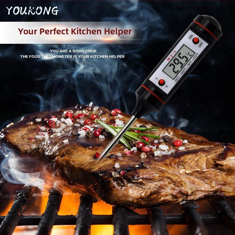 Youkong digitálny teplomer na potraviny so sondou, pero typu, pre BBQ - meria teplotu miestnosti, vody, oleja a vzduchu
