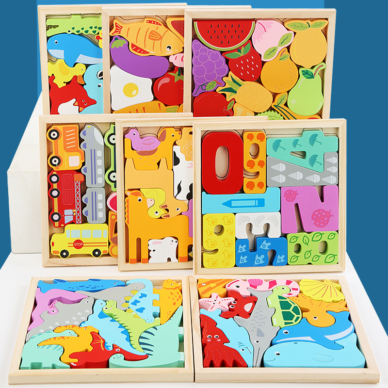 Drveni trodimenzionalni puzzle blokovi za djecu, edukativna igra za uzrast 0–3 godina