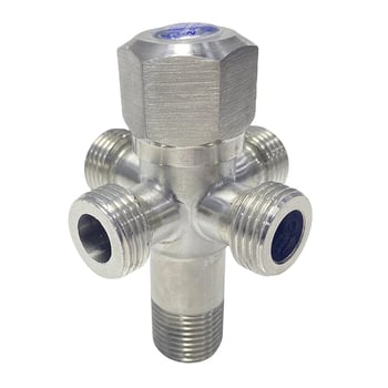 304 rozsdamentes acélból készült szögletes szelep egy bemenetű és két kimenetű, Ø15 mm belső átmérő, szorító rögzítéshez, vízmelegítő és mosógép csaphoz