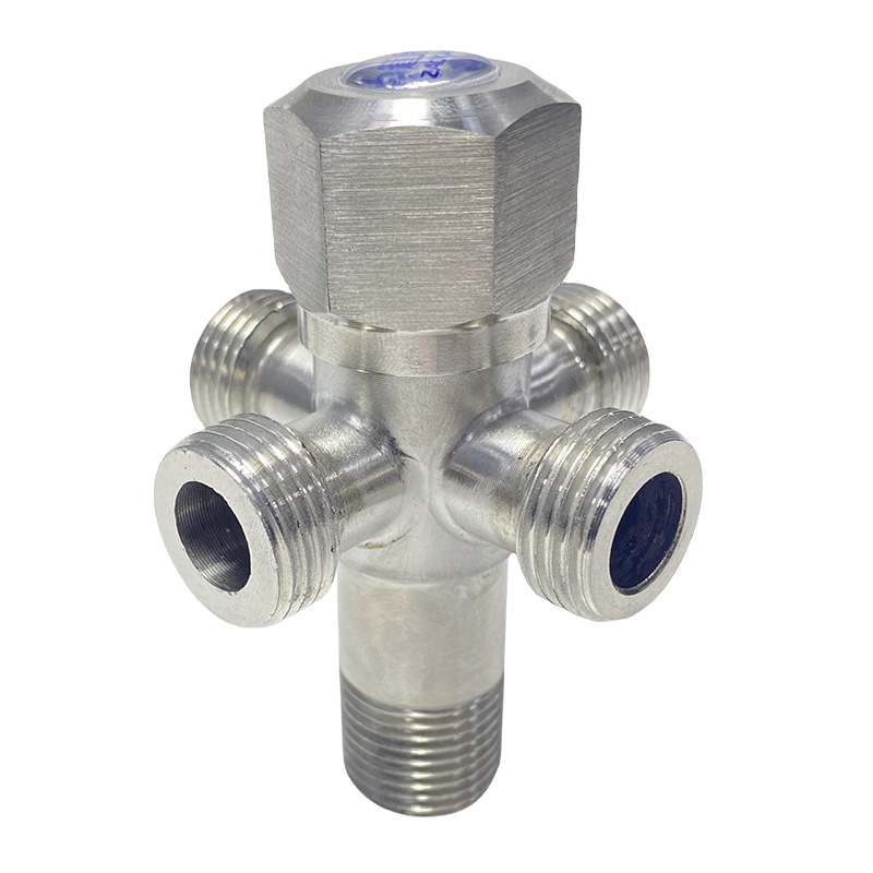 304 rozsdamentes acélból készült szögletes szelep egy bemenetű és két kimenetű, Ø15 mm belső átmérő, szorító rögzítéshez, vízmelegítő és mosógép csaphoz