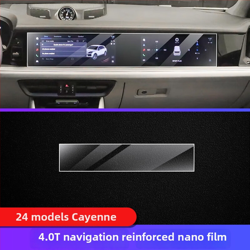 TPU vnútorná ochranná fólia pre Porsche Cayenne — prístrojový a navigačný displej, stredová konzola a ovládanie prevodovky — jednovrstvové formovanie, odolné voči teplu aj chladu, odolné voči škrábaniu a opotrebeniu, proti otlačkom prstov a olejovým škvrná