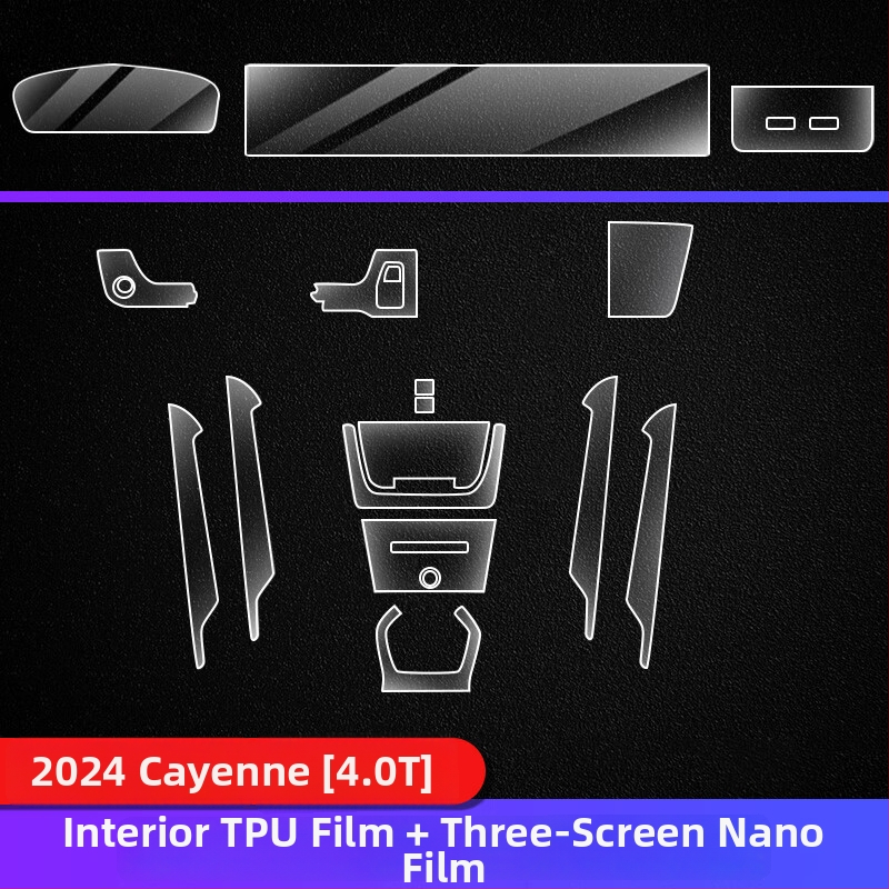 TPU vnútorná ochranná fólia pre Porsche Cayenne — prístrojový a navigačný displej, stredová konzola a ovládanie prevodovky — jednovrstvové formovanie, odolné voči teplu aj chladu, odolné voči škrábaniu a opotrebeniu, proti otlačkom prstov a olejovým škvrná