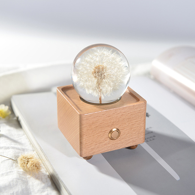 Dandelion difuzor Bluetooth cu lumină de noapte și floare conservată într-o sferă de rășină – ornament muzical, stil modern minimalist