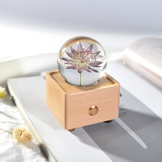 Dandelion difuzor Bluetooth cu lumină de noapte și floare conservată într-o sferă de rășină – ornament muzical, stil modern minimalist