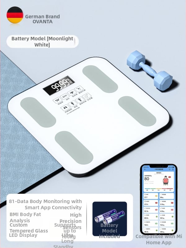 Oufanda Bluetooth ζυγαριά σώματος με μέτρηση λίπους και υγρασίας, 0,2–180 kg, Tempered glass, για ενήλικες