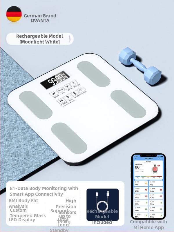 Oufanda Bluetooth ζυγαριά σώματος με μέτρηση λίπους και υγρασίας, 0,2–180 kg, Tempered glass, για ενήλικες