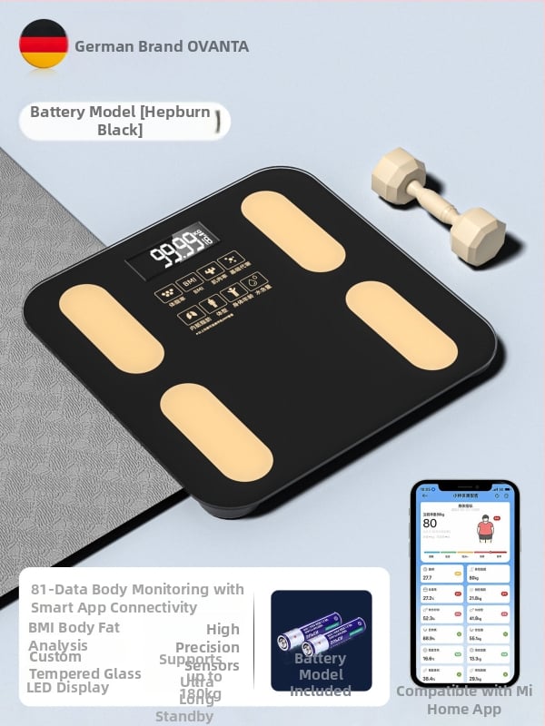 Oufanda Bluetooth ζυγαριά σώματος με μέτρηση λίπους και υγρασίας, 0,2–180 kg, Tempered glass, για ενήλικες