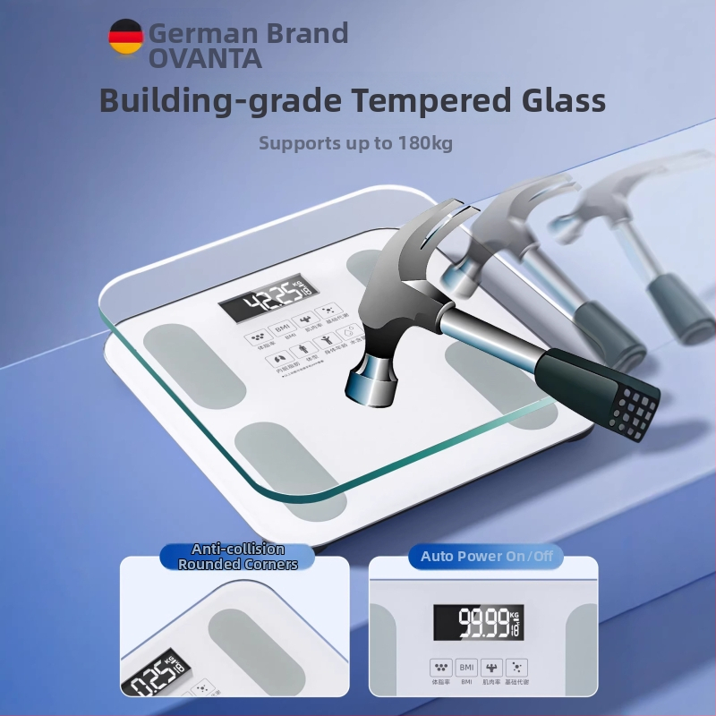 Oufanda Bluetooth ζυγαριά σώματος με μέτρηση λίπους και υγρασίας, 0,2–180 kg, Tempered glass, για ενήλικες