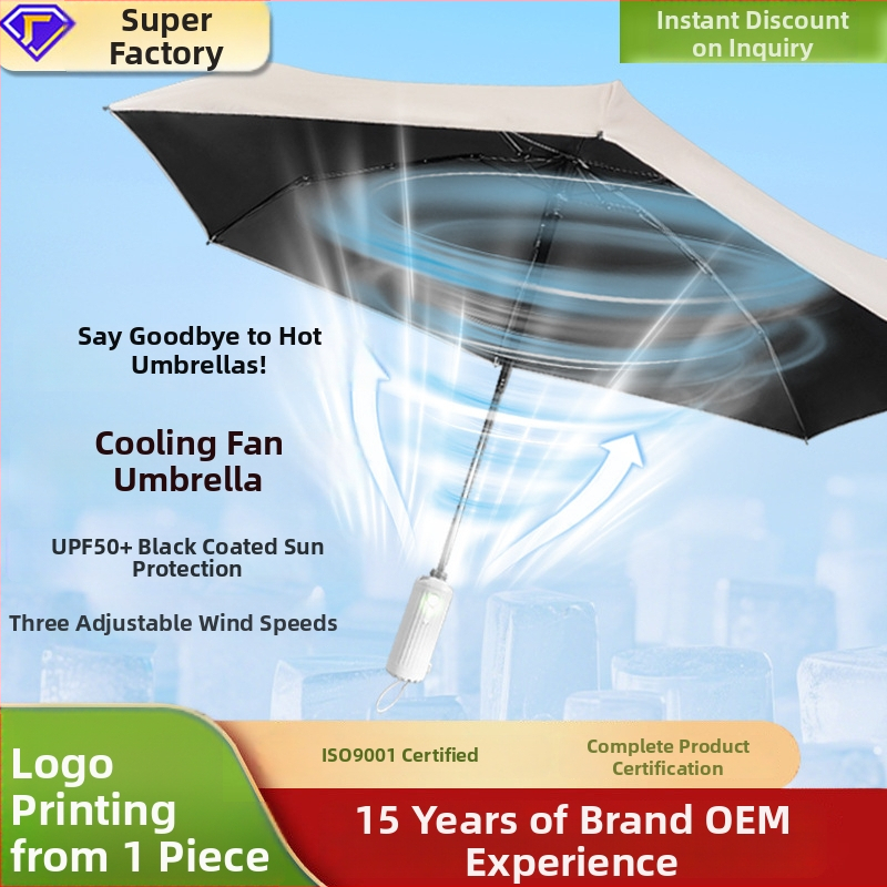6‑ágú újratölthető ventilátoros esernyő, összecsukható zsebméretű, UV védelem nőknek