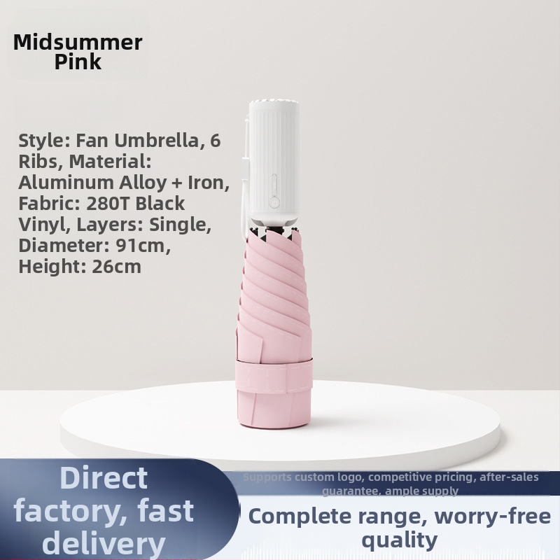 6‑ágú újratölthető ventilátoros esernyő, összecsukható zsebméretű, UV védelem nőknek