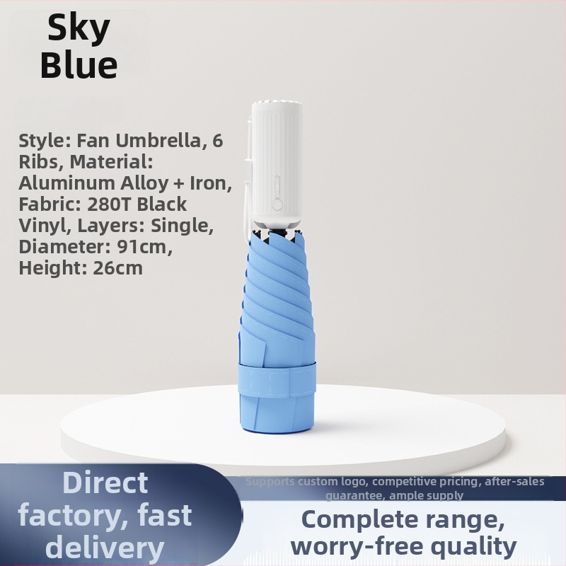 6‑ágú újratölthető ventilátoros esernyő, összecsukható zsebméretű, UV védelem nőknek
