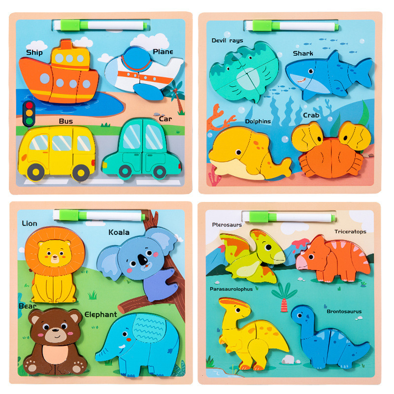 Drveni trodimenzionalni puzzle za djecu od 0 do 3 godine, ilustracije pravopisa i ploča za crtanje, građevni blokovi, edukativna igračka; dostupna prilagodba uzorka