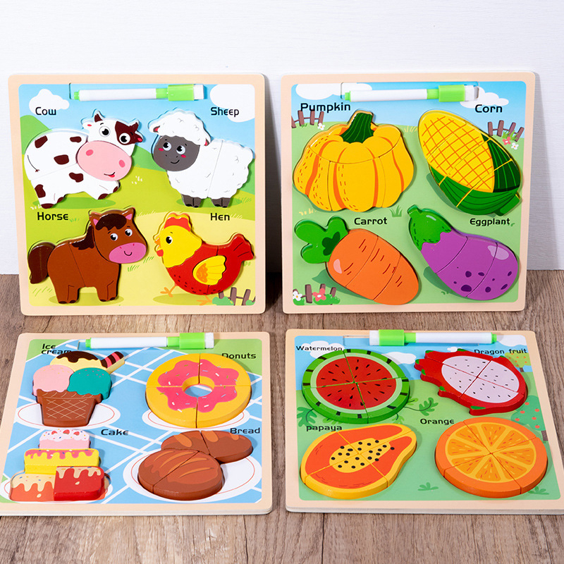 Drveni trodimenzionalni puzzle za djecu od 0 do 3 godine, ilustracije pravopisa i ploča za crtanje, građevni blokovi, edukativna igračka; dostupna prilagodba uzorka