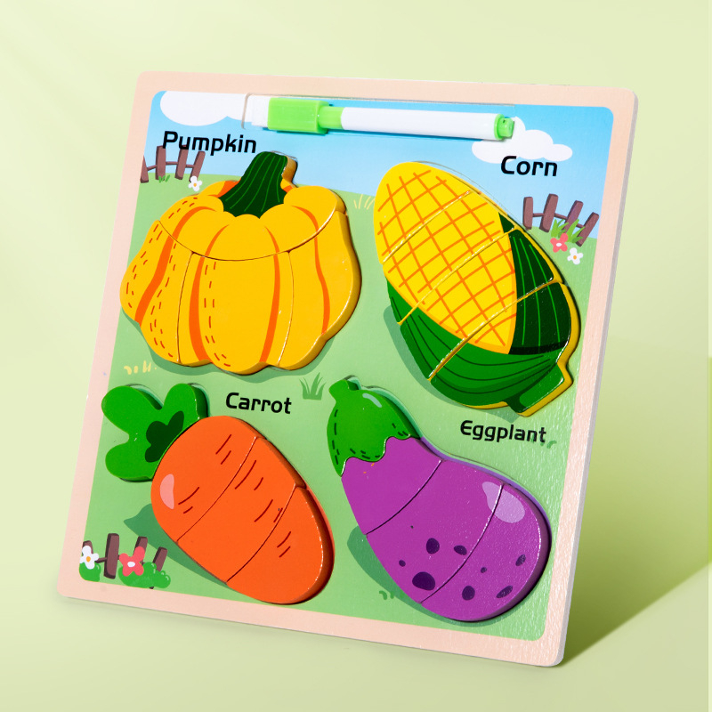 Drveni trodimenzionalni puzzle za djecu od 0 do 3 godine, ilustracije pravopisa i ploča za crtanje, građevni blokovi, edukativna igračka; dostupna prilagodba uzorka
