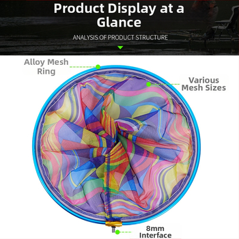 Glava rybárskej siete s veľkými očami, nylonová sieť, kruh z hliníkovej zliatiny, hrubší hliníkový rám, 8 mm závitové rozhranie