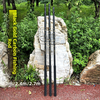 Karbonový prút na sieť na ryby s penovou rukoväťou, čierno-zlatá farba, teleskopický rozsah 2,1–2,7 m, nastaviteľný pre súťažný rybolov.
