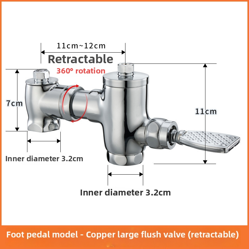 Mosadzný pedálový splachovací ventil s vysúvateľným uzáverom a oneskorením, ručné ovládanie, splachovanie 3–10 s, výstup 32 mm, vonkajšie rozmery 105–125 mm
