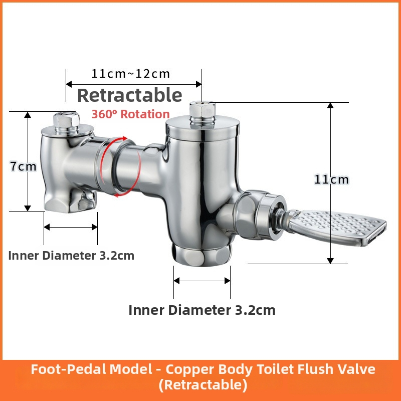 Mosadzný pedálový splachovací ventil s vysúvateľným uzáverom a oneskorením, ručné ovládanie, splachovanie 3–10 s, výstup 32 mm, vonkajšie rozmery 105–125 mm