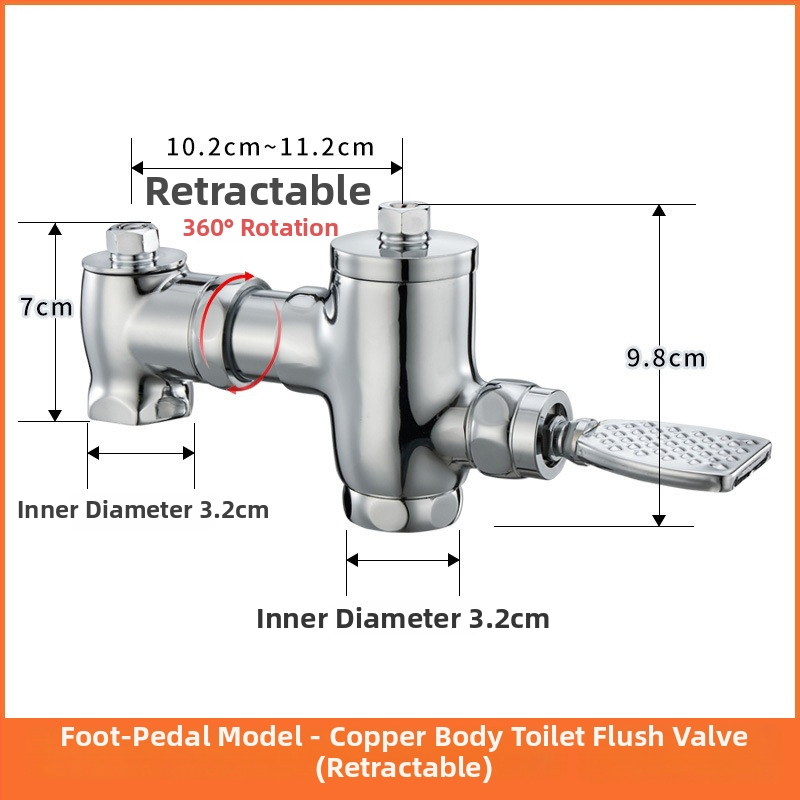Mosadzný pedálový splachovací ventil s vysúvateľným uzáverom a oneskorením, ručné ovládanie, splachovanie 3–10 s, výstup 32 mm, vonkajšie rozmery 105–125 mm