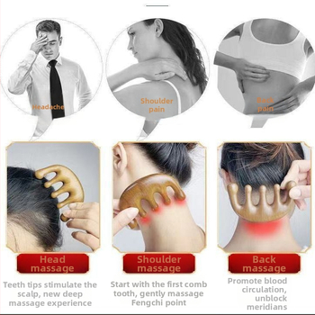 Pieptene de masaj din lemn de santal, cu cinci dinți, pentru meridian și gua sha, pentru scalp