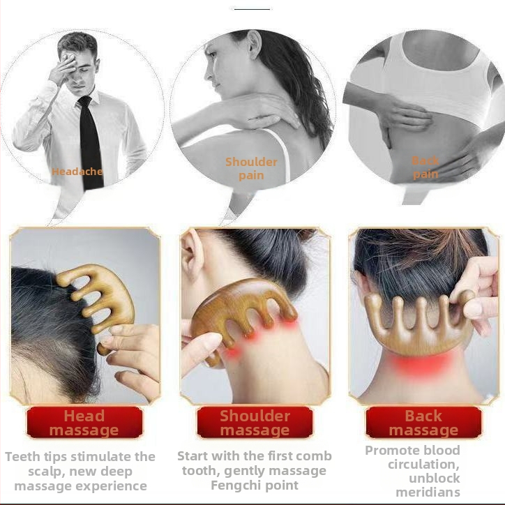 Pieptene de masaj din lemn de santal, cu cinci dinți, pentru meridian și gua sha, pentru scalp