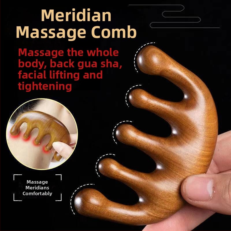 Pieptene de masaj din lemn de santal, cu cinci dinți, pentru meridian și gua sha, pentru scalp