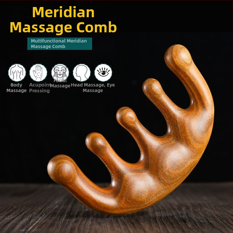 Pieptene de masaj din lemn de santal, cu cinci dinți, pentru meridian și gua sha, pentru scalp