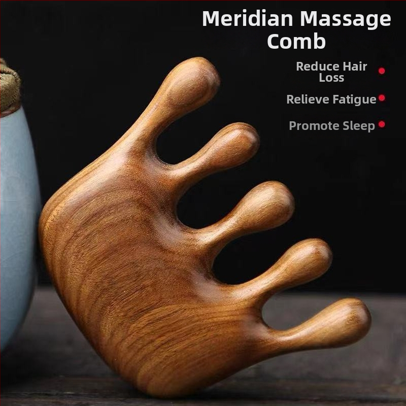 Pieptene de masaj din lemn de santal, cu cinci dinți, pentru meridian și gua sha, pentru scalp