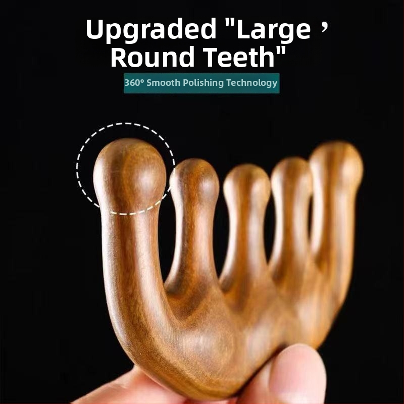 Pieptene de masaj din lemn de santal, cu cinci dinți, pentru meridian și gua sha, pentru scalp