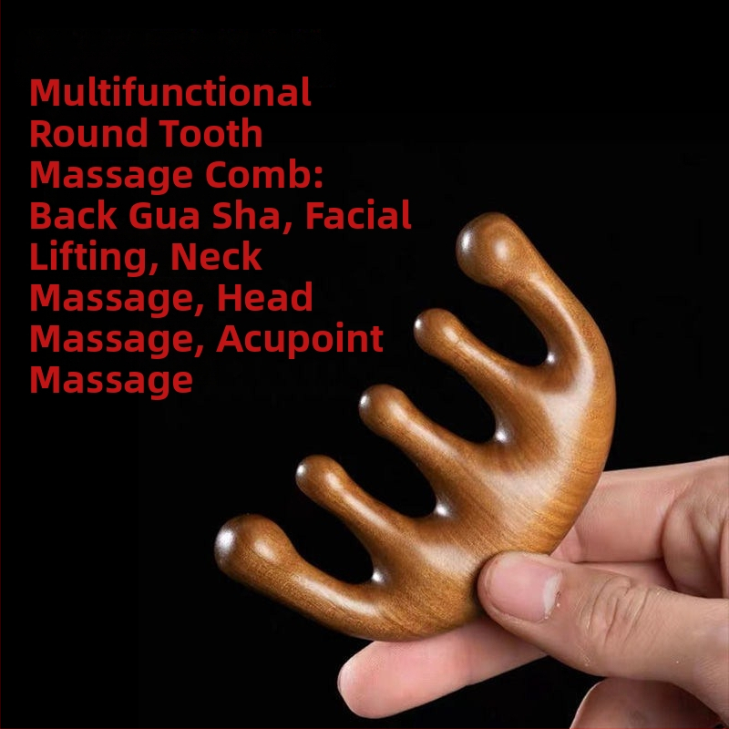 Pieptene de masaj din lemn de santal, cu cinci dinți, pentru meridian și gua sha, pentru scalp