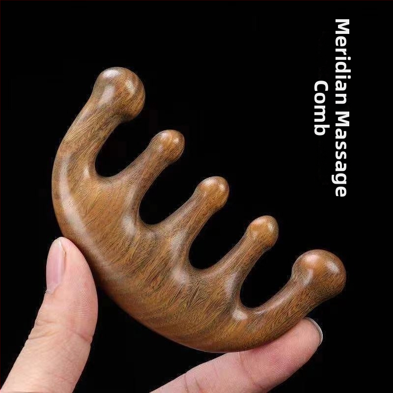 Pieptene de masaj din lemn de santal, cu cinci dinți, pentru meridian și gua sha, pentru scalp