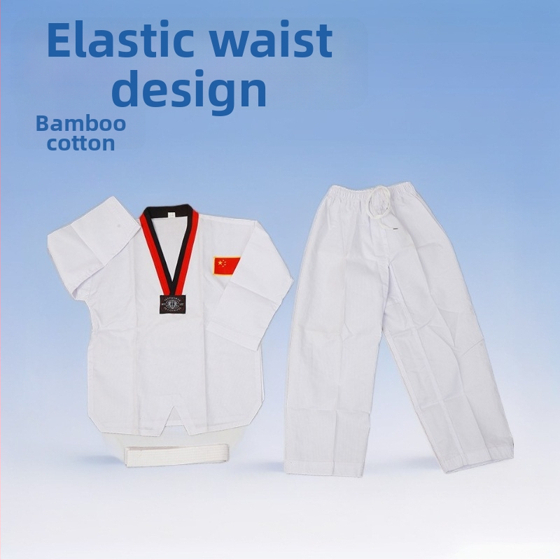 Taekwondo uniforma, Bambus-pamučna tkanina, 50% pamuk, Podrijetlo: Linyi, Jednobojni uzorak