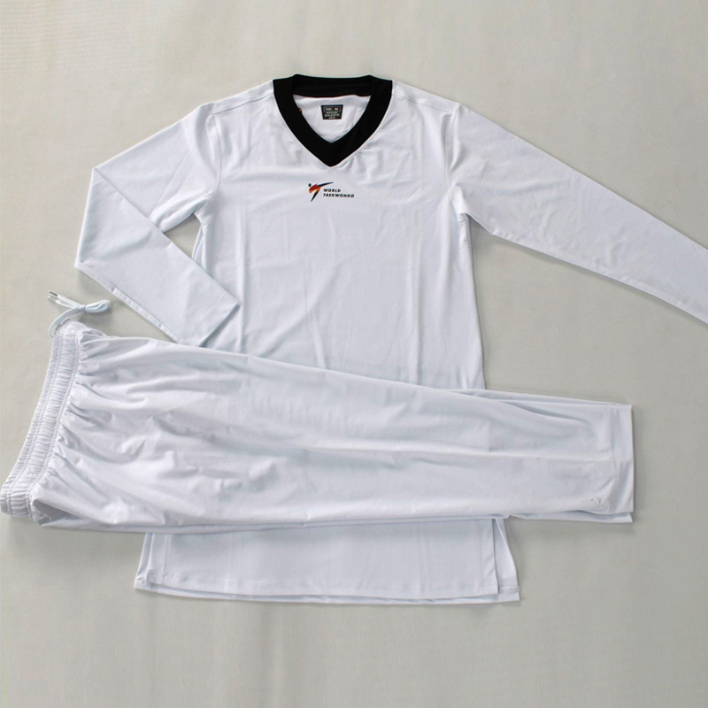 Taekwondo egyenruha (Dobok) magas rugalmassággal, testhezálló fazon gyerekeknek és felnőtteknek, versenysporthoz, szintetikus rostok keveréke, 20% spandex, 80% nylon bélés