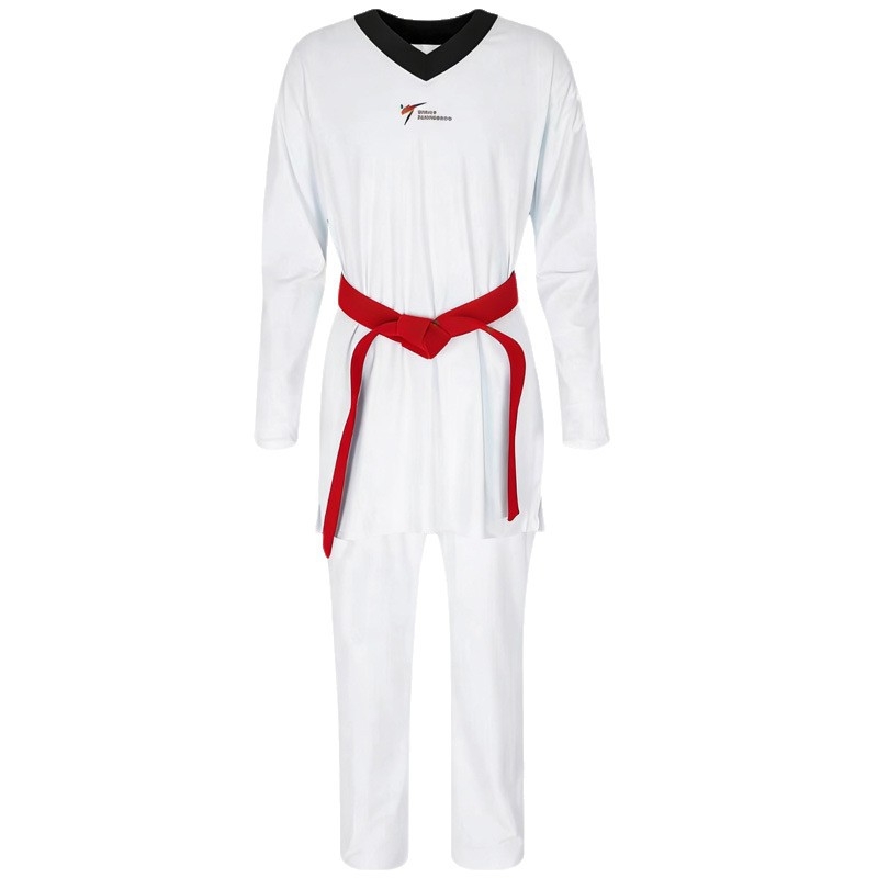 Taekwondo egyenruha (Dobok) magas rugalmassággal, testhezálló fazon gyerekeknek és felnőtteknek, versenysporthoz, szintetikus rostok keveréke, 20% spandex, 80% nylon bélés