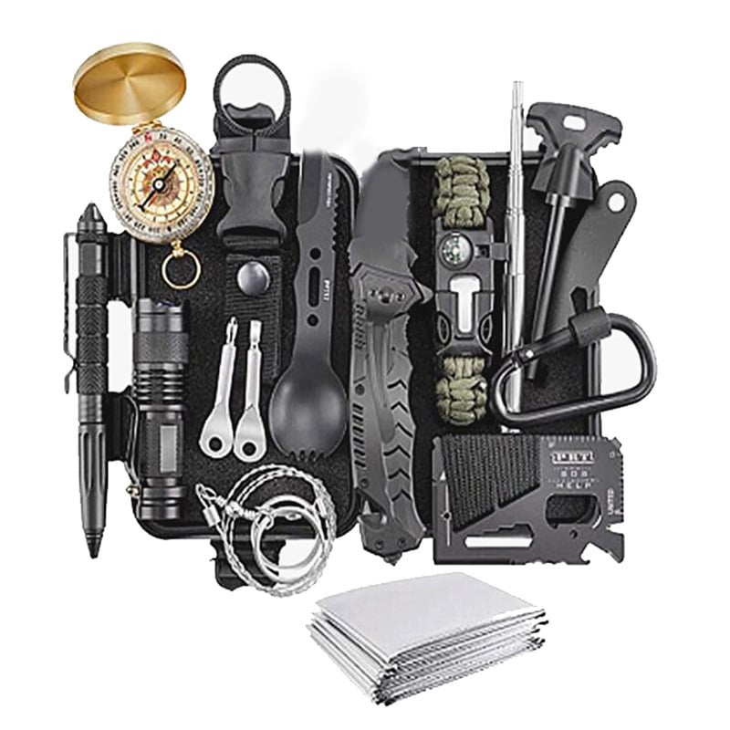 Túlélő eszközök: SOS felszerelés, expedíciós túlélőtakaró, iránytű, elsősegély doboz, kiegészítők ( síp, kés, zseblámpa )