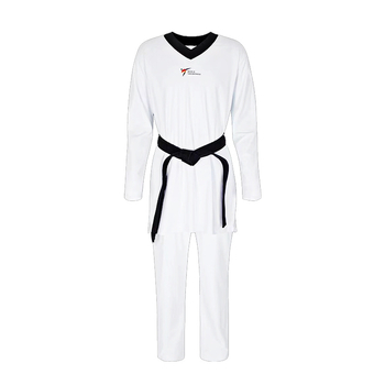 Taekwondo versenyruha, szoros szabás, rugalmas, gyorsan száradó, poliészter-elasztán keverék 60% elasztán