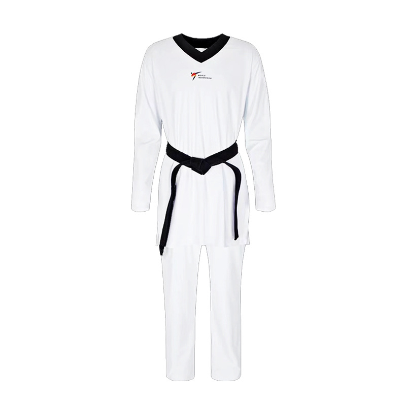 Taekwondo versenyruha, szoros szabás, rugalmas, gyorsan száradó, poliészter-elasztán keverék 60% elasztán