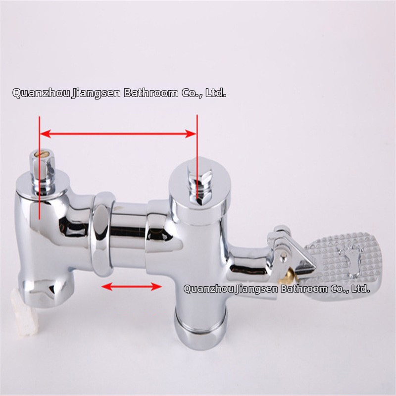 Meďová horizontálna pedálová splachovacia armatúra pre klozet typu gúľanie, model SY-8050; telo z meďe; tlak 1,2 MPa; čas spláchnutia 3–4 s; výstupný priemer 1 palec