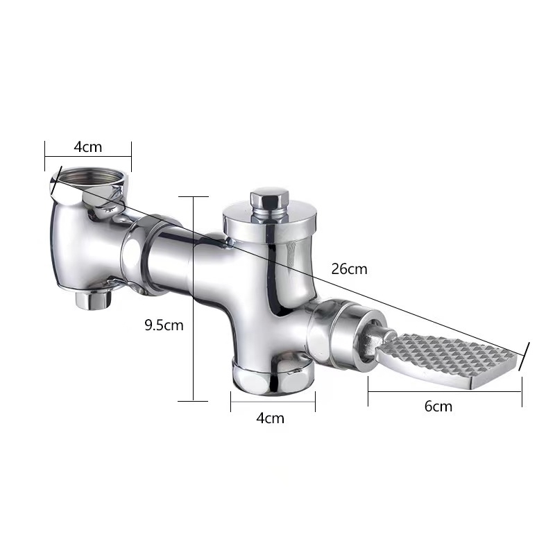 Медна хоризонтална педално-управлявана клапа за промиване на клекалка, модел SY-8050; корпус изцяло меден; налягане 1.2 MPa; време на промиване 3–4 сек.; изход 1 инч