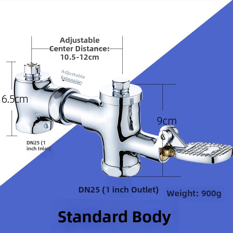 Meďová horizontálna pedálová splachovacia armatúra pre klozet typu gúľanie, model SY-8050; telo z meďe; tlak 1,2 MPa; čas spláchnutia 3–4 s; výstupný priemer 1 palec