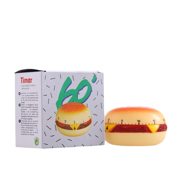 Hamburger oblikom mehanički štoperica, 60-minutno odbrojavanje za crtani kuhinjski dekor, okrugli oblik (Mehanički pogon; Zaslon s mjernom skalom i pokazivačem; Vanjski plastični / Unutarnji metal)