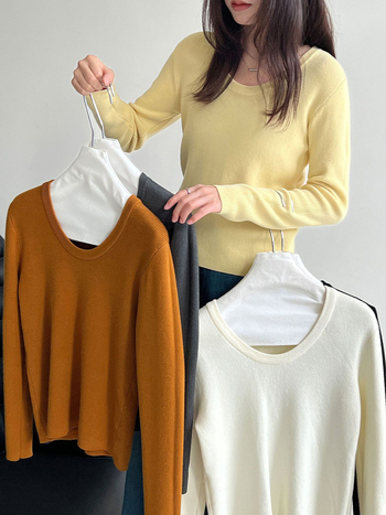 Πουλόβερ με φλιζέ εσωτερικό, στρογγυλό γιακά, στενή γραμμή, μακριά μανίκια, κορεατικό casual πλεκτό τοπ, μίξη ακρυλικού και πολυεστέρα