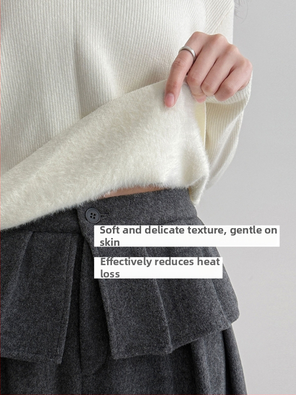 Πουλόβερ με φλιζέ εσωτερικό, στρογγυλό γιακά, στενή γραμμή, μακριά μανίκια, κορεατικό casual πλεκτό τοπ, μίξη ακρυλικού και πολυεστέρα