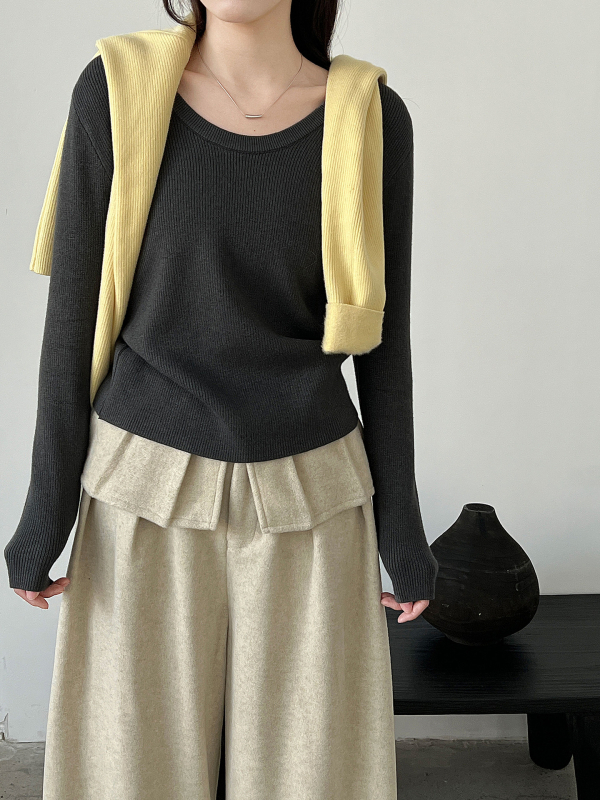 Πουλόβερ με φλιζέ εσωτερικό, στρογγυλό γιακά, στενή γραμμή, μακριά μανίκια, κορεατικό casual πλεκτό τοπ, μίξη ακρυλικού και πολυεστέρα