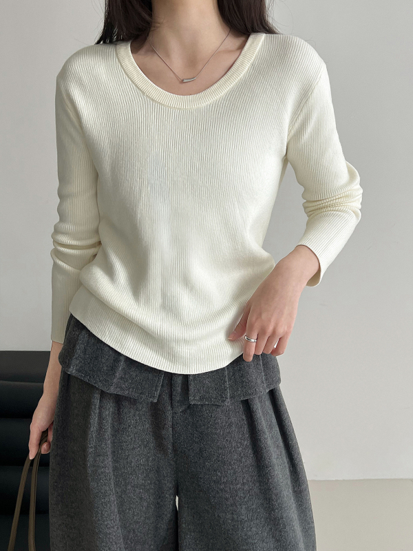 Πουλόβερ με φλιζέ εσωτερικό, στρογγυλό γιακά, στενή γραμμή, μακριά μανίκια, κορεατικό casual πλεκτό τοπ, μίξη ακρυλικού και πολυεστέρα