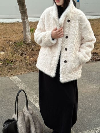 Γυναικείο παλτό από τεχνητό μίνκ βελούρ, κορεάτικο στυλ, στάσιμος γιακά, μακριά μανίκια