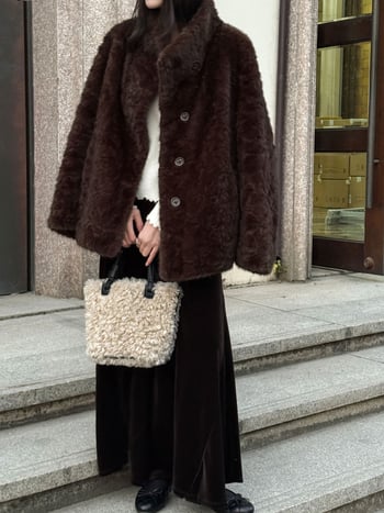 Γυναικείο παλτό από τεχνητό μίνκ βελούρ, κορεάτικο στυλ, στάσιμος γιακά, μακριά μανίκια