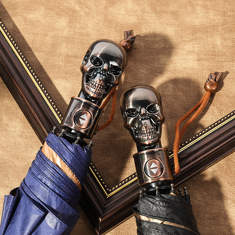 Kišobran s dizajnom lubanje, trodjelni kišobran s automatskim otvaranjem, 8 rebara od legure, za kišu i sunce