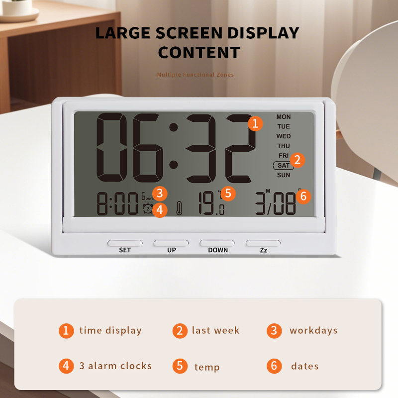 Stolni sat s LED numeričkim prikazom i alarmom; baterijsko napajanje, elektronički mehanizam; plastično kućište, brojčanik od organskog stakla; crtani stil.